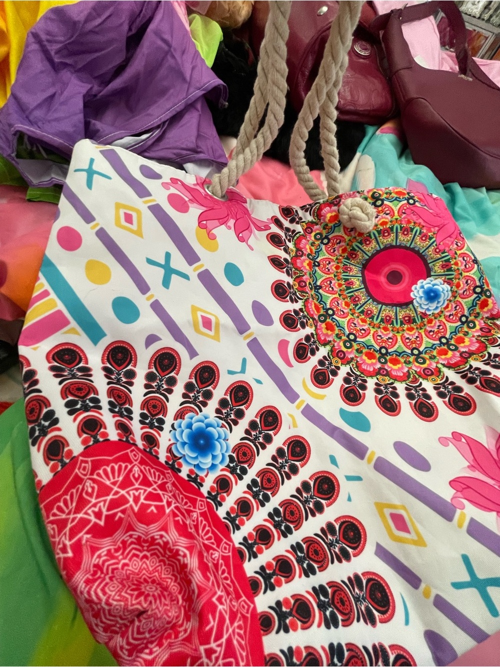 Source Unknown Multicolor Floral Mandala Canvas Tote Bag